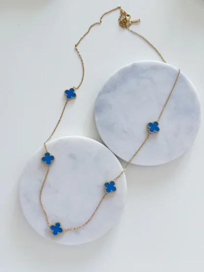 ÇELİK MAVİ YONCA VAN CLEEF KOLYE (UZUN)